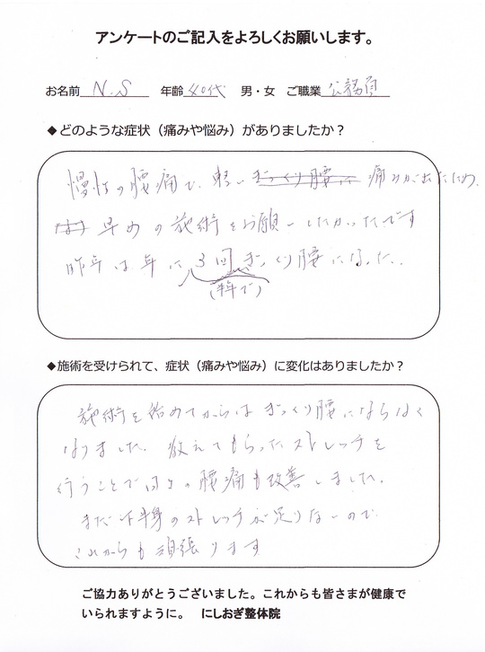 腰痛改善のアンケート　その２